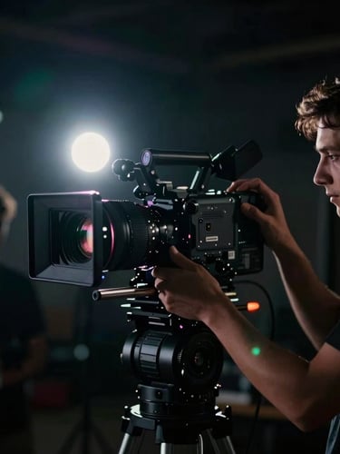 Professional film crew member adjusting a prime lens on a cinema camera, low-key dramatic lighting, anamorphic lens flare, deep shadows, cinematic film photography.