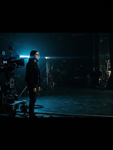 Cinematic film set, low-key dramatic lighting, anamorphic lens flare, professional camera rig, deep shadows, neon blue rim light, 35mm, panoramic 21:9 frame, subject off-center to the left, expansive dark space to the right.