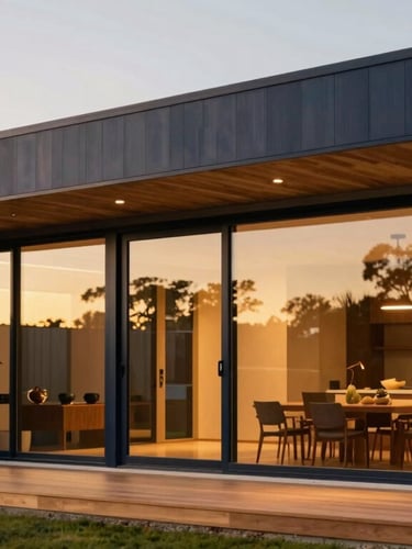 A warm modern Australian home exterior with large windows, glowing with interior golden-hour light, clean architectural lines.