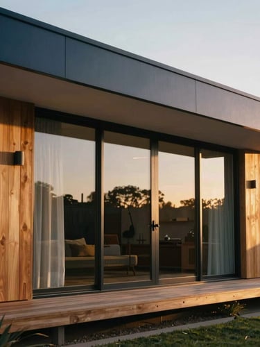Modern Australian architectural home exterior with clean lines, large glass windows, warm golden-hour light reflecting on wood siding, editorial 35mm photography