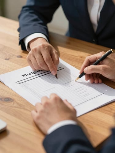 Hands of an advisor reviewing a printed mortgage structure diagram on a wooden desk, warm natural light, professional environment.