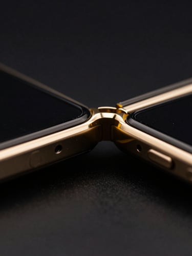 Extreme macro shot of a folding smartphone hinge, dramatic low-key studio lighting with gold rim highlights, deep obsidian background, sharp focus