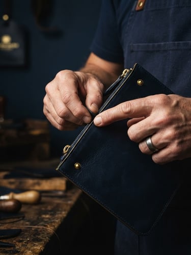 Elegant editorial product photography, soft dramatic studio light, close-up of a craftsman's hands carefully inspecting a piece of fine leather goods, deep navy and gold tones, high-contrast, Hasselblad, portrait aspect