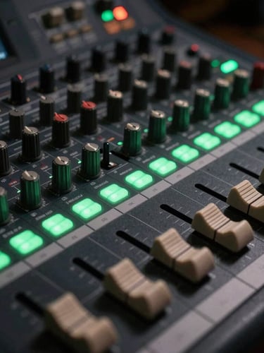 Tight macro shot of a professional mixing console in a dark music studio, glowing green LED level meters, faders set high, moody low-key lighting with sharp neon green backlights.
