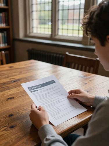 Over-the-shoulder shot of a student reviewing visa document guidelines on a heavy oak table inside an old university library, soft overcast daylight filtering through leaded glass windows.