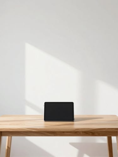 Symmetrical minimalist study room, light oak desk, natural morning light, clean white walls, focused student with a tablet, shallow depth of field, premium editorial photography