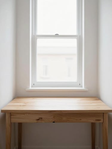 Symmetrical minimalist study room with light wood desk, soft natural light from a window, clean white walls, shallow depth of field, 35mm lens