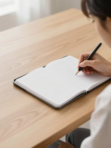 Focused student studying in natural light, sleek tablet and planner on a light oak desk, minimalist aesthetic, warm diffused lighting