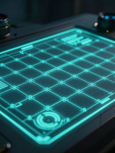 Cinematic close-up of tactical holographic grid overlay on a dark obsidian control panel, neon cyan emissive lighting, 35mm lens
