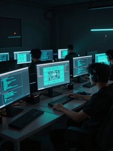 Cinematic wide-angle shot of an indie game developer studio at night, dark room illuminated only by glowing neon cyan monitors showing code and tactical grids.