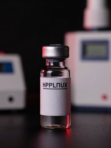 Macro close-up of a sterile glass vial with minimalist scientific labeling, laboratory equipment like HPLC machines in background, dramatic low-key studio lighting with sharp red rim light against deep black background
