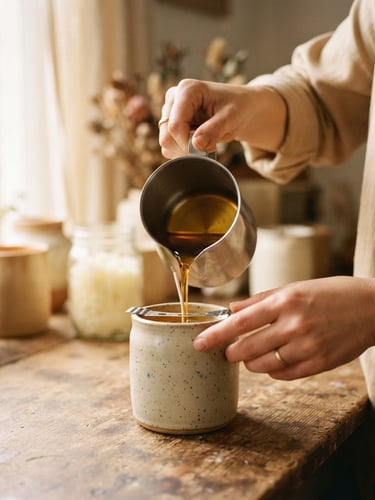 Warm close-up of hands pouring molten golden soy wax into a ceramic jar, soft morning window light, shallow depth of field, 35mm film.