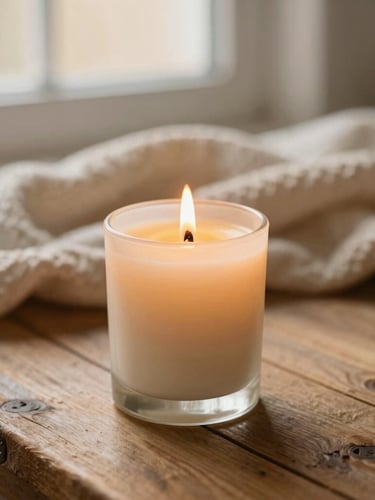 A lit soy candle with a wooden wick crackling softly on a rustic wooden table, cozy blanket in the background, warm golden-hour light.