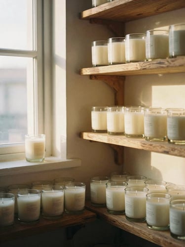 Warm golden-hour window light illuminating rows of hand-poured soy candles in glass jars on rustic wooden shelves, a cozy studio corner with soft textures, 35mm film style