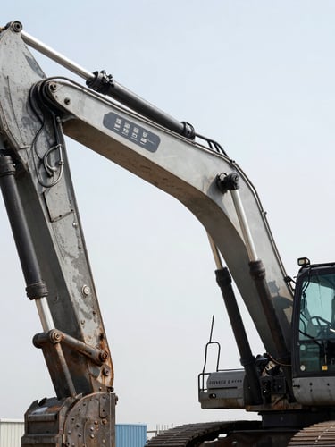 Close-up of a heavy machinery hydraulic arm and serial plate, greasy steel textures, sharp focus, industrial photography