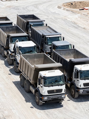 Wide-angle fleet lineup of heavy duty dump trucks and bulldozers parked in a structured row on a clean construction staging yard, direct hard sunlight, sharp focus, 35mm