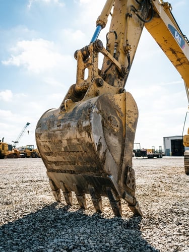 Low-angle heroic shot of a heavy yellow excavator bucket on a clean gravel staging yard, hard direct daylight, high-contrast steel textures, 35mm