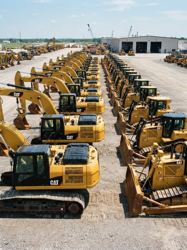 High-resolution wide-angle lineup of clean yellow excavators and dozers parked in a structured staging yard, hard direct daylight, metallic textures, 35mm