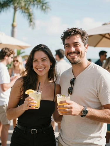 Two friendly, smiling event hosts standing together in a sun-drenched outdoor venue in Florida, holding citrus drinks, warm approachable expressions, candid, 35mm