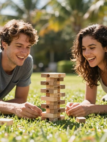 A candid medium-shot of two friends laughing over a game of giant Jenga on a sunny outdoor lawn, bright natural Florida sunlight, warm energetic tones, shallow depth of field.