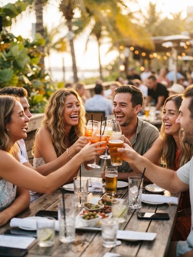 Vibrant group of young adults laughing and clinking glasses at an outdoor table under bright Florida sunlight, warm golden hour tones, shallow depth of field