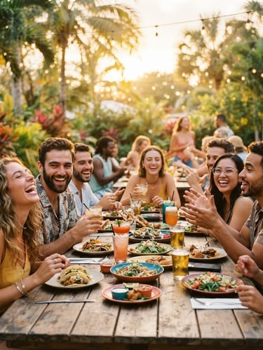 Vibrant group of young adults laughing and sharing food at a long wooden communal table in a sunlit Florida garden, warm golden hour light, shallow depth of field, 35mm