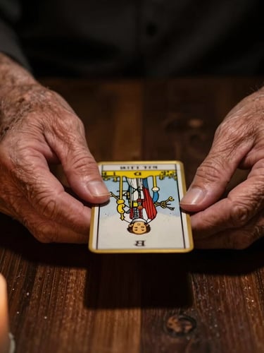 Low-key chiaroscuro close-up of aged, wise hands holding a single gold-rimmed tarot card over dark polished wood, warm candlelight casting deep shadows.