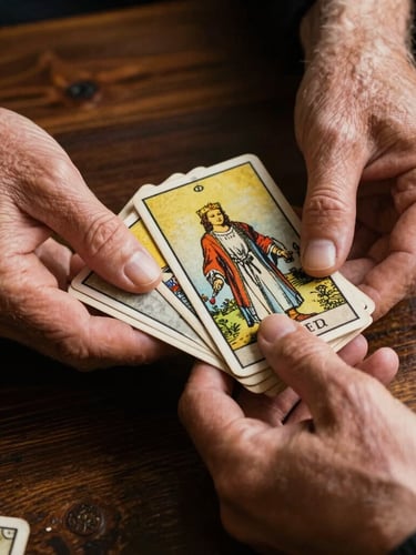 Close-up of wise hands holding textured vintage tarot cards over a dark wooden table, warm side lighting, chiaroscuro