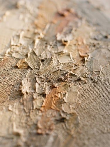 Close-up macro shot of rich oil paint texture on linen canvas, warm side-lighting, visible brushwork, neutral tones