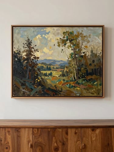 An elegant minimalist residential interior with a large framed landscape oil painting hung above a low wooden credenza, soft natural side light