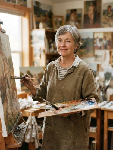 A quiet portrait of artist Kim Emert Gale in her sunlit studio, soft natural north-facing light, holding a palette, surrounded by oil paintings on linen, warm editorial photography, medium format film