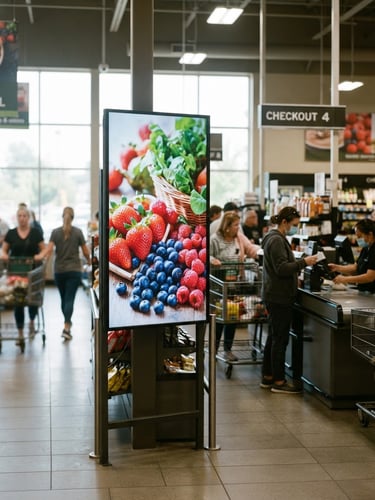 Eye-level 35mm photograph of a modern digital advertising screen installed inside a bright regional supermarket near the checkout, shoppers in soft focus in the background, natural daylight