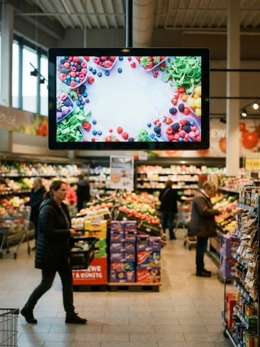Eye-level environmental shot of a modern digital advertising screen installed inside a busy local German supermarket, natural daylight, shoppers in soft focus passing by, realistic 35mm photography