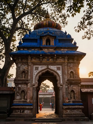 Cinematic warm editorial photography of a traditional stone temple arch in Vrindavan, golden-hour light filtering through ancient trees, saffron and deep blue tones, 35mm