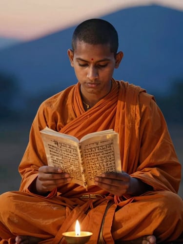 Cinematic portrait of a young Gurukul scholar in saffron robes reading a palm-leaf manuscript, soft temple oil lamp light, warm golden-hour glow, 35mm
