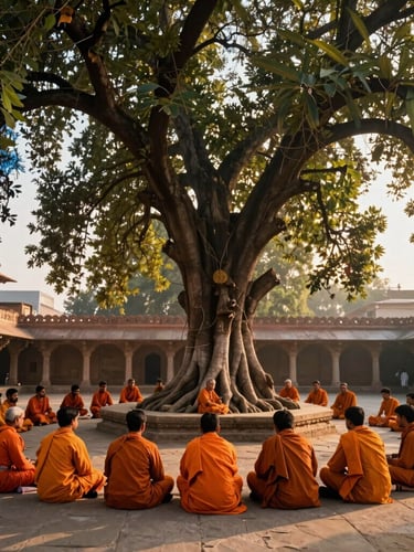 A wide environmental shot of a traditional stone courtyard in Vrindavan, young scholars in saffron robes sitting under a grand banyan tree at sunrise, golden-hour light filtering through leaves, warm editorial photography