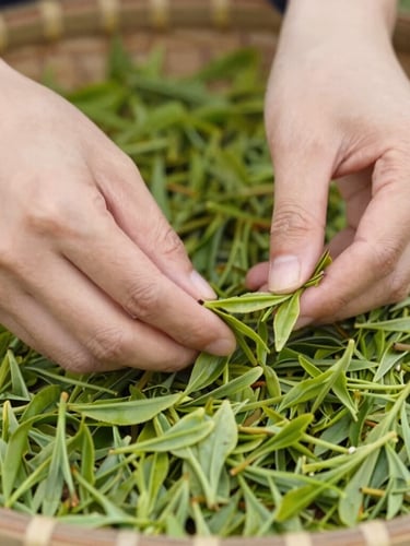 Close-up of freshly plucked green tea leaves in a woven basket, hands carefully sorting them, soft natural daylight, shallow depth of field, rich forest green tones.