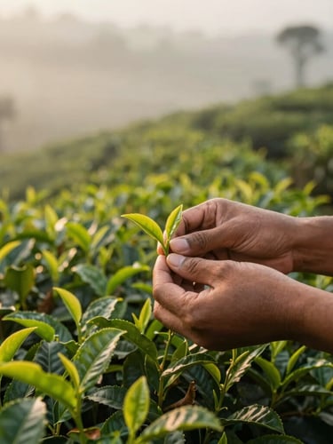 Wide shot of a tea plucker's hands gently harvesting two-leaves-and-a-bud in a misty Assam tea plantation at dawn, soft natural light, shallow depth of field, rich forest green and golden tones.