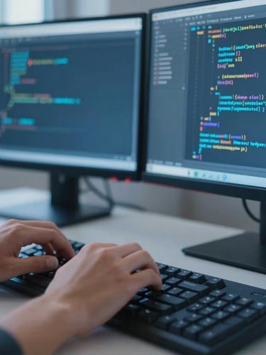 Macro shot of a developer hands typing clean code on a mechanical keyboard, dual monitors displaying system architecture diagrams in a cool blue ambient light