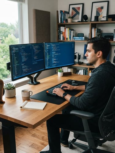 Wide environmental shot of a modern software engineer's workspace, dual monitors displaying clean code blocks, soft blue ambient glow from the screens, natural daylight, 35mm