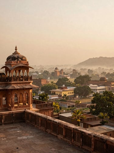 A serene, warm golden-hour shot of a historic Rajasthani fort balcony overlooking a misty valley, medium format film style, rich earth tones