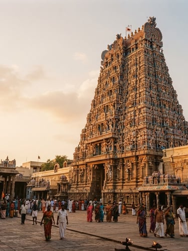 Wide environmental shot of a majestic stone temple gopuram in Madurai at golden hour, warm light hitting the intricate carvings, soft negative space on the left, warm editorial travel photography, medium format film style.