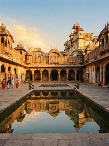 Wide environmental shot of a historic Indian palace courtyard at golden hour, warm sunlight casting long shadows on sandstone arches, serene pool in the foreground reflecting the architecture, medium format film style.