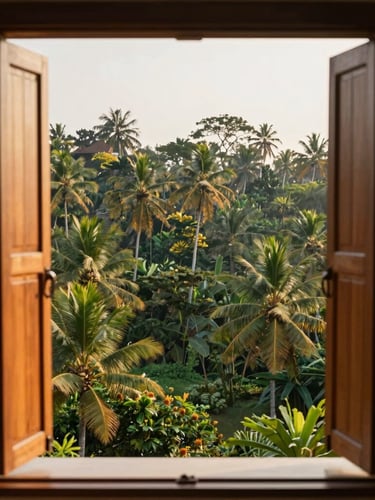 A high-angle portrait shot of a premium luxury resort balcony in Kerala, open wooden shutters looking out to a lush tropical forest at golden hour, warm natural daylight