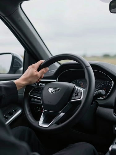 Close-up of driver hands positioned precisely on the steering wheel of a dark executive vehicle interior, overcast daylight filtering through the windshield, dashboard detail visible, no face shown, composed with stillness and control