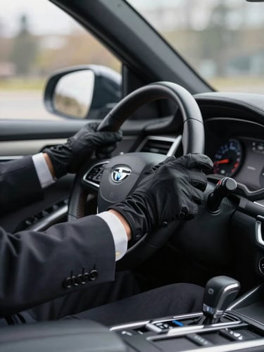 Close-up of a driver's gloved hands gripping a steering wheel inside a dark executive sedan, instrument panel softly lit, overcast urban light through the windshield, precise and controlled framing