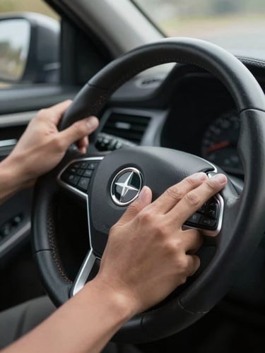 Close-up of a driver's hands on a dark leather steering wheel, dashboard clock visible in soft focus behind, studio lighting on hands, no face shown, deep charcoal interior