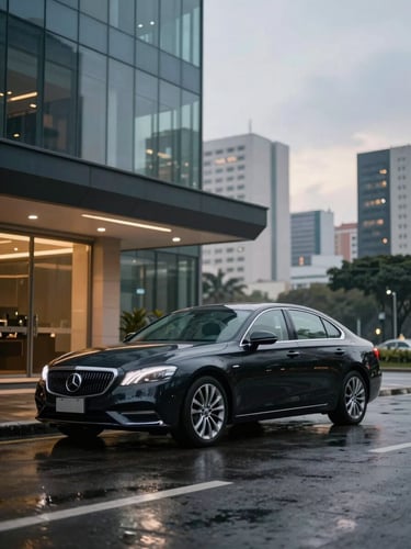 Wide environmental shot of a dark executive sedan parked at the entrance of a glass corporate building at dusk, São Paulo skyline blurred in background, no people visible, overcast light, clean wet pavement