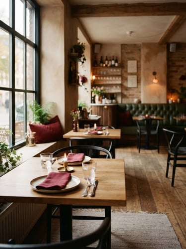 Warm-toned portrait of a cozy Scandinavian-style restaurant interior, soft natural light from a large window, empty tables and chairs, inviting atmosphere, shallow depth of field, deep crimson and forest green tones.