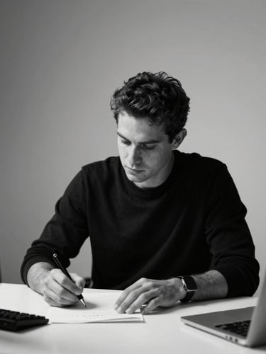 Karl Marcius em seu escritório, concentrado em anotações, com uma mesa de trabalho minimalista. Luz de estúdio de alto contraste, sóbrio e profissional. Preto e branco nítido com toques de laranja.